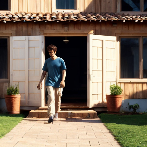 He is has just woken up. He gets out of bed in his boxes and walks through his house. He eventually walks outside. The morning breeze hits him