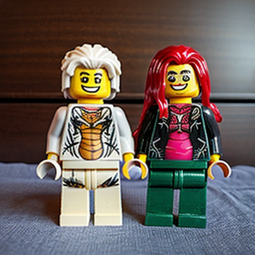 Pregnant Lego minifigures of Harley Quinn and poison ivy on a bed together 