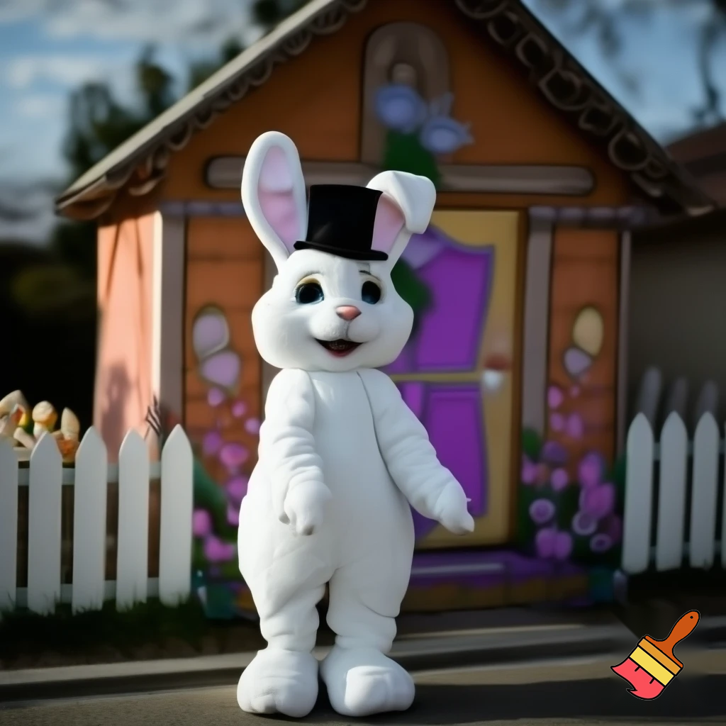 Easter bunny mascot top hat costume Easter bunny’s house