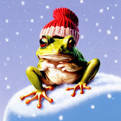 A laughable, puzzled animal toad in woolen, multicoloured winter clothings with woolen winter cap. Hyperrealistic art style.