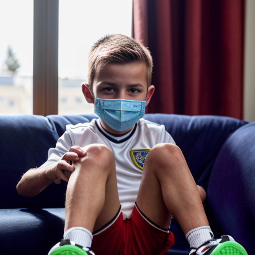 A photo of a five-year-old boy dressed in a full russian football uniform lying on a couch. A group of beautiful Israeli man soldiers put their feet in the boy's dirty boots on his shorts and face. The boy's face is covered with a white, transparent liquid