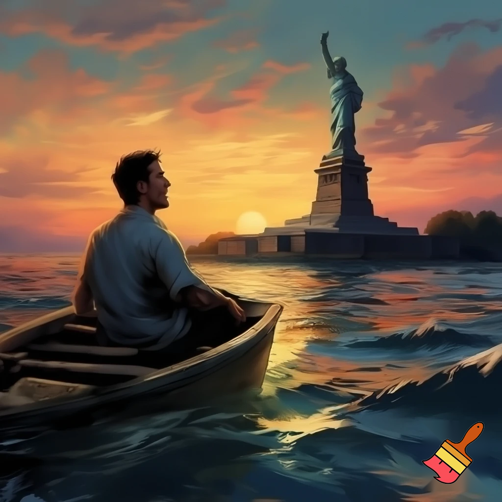 a man in a boat looking at the statue of liberty and smiling

