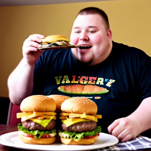 fat guy eating loads of burgers