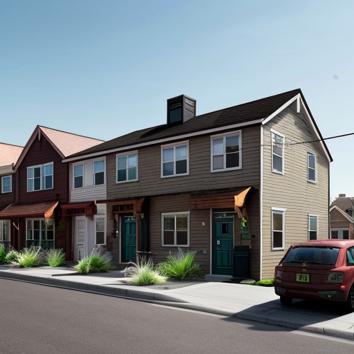 Generate a suburban neighborhood with one main rectilinear street and smaller, local streets separating off of it in a curved, varied manner. The urban space should have small street blocks with 5 or 6 uniform rectangular parcels and an interstate highway running along the edge of the neighborhood. Parcels should contain small square buildings and green garden areas behind them. Buildings should be mainly vernacular residential buildings (small homes) of about 2-3 floors with 2 or three small-scale commercial businesses on every other corner along the main street. Show entire neighborhood