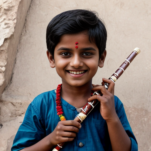 Krishna, a young boy, with his flute, standing happily with a bright smile.