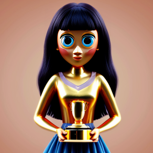 the emotion proud one person gold holding trophy Pixar cartoon style gold skin big eyes happy pretty 