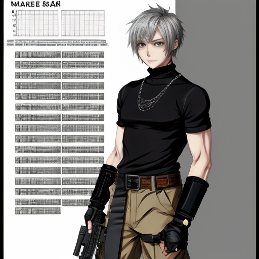 an anime boy, grayish short spikyish hair (but not too short) a red
left eye, with a scar, right eye is white, white skin (like a cloud) a choker,
skintight turtleneck that covers his hands like gloves, grayish black big
cargo pants with Keychains, black combat boots, some belts, and two guns
on each side of his waist, (character sheet), make him feminine and really skinny