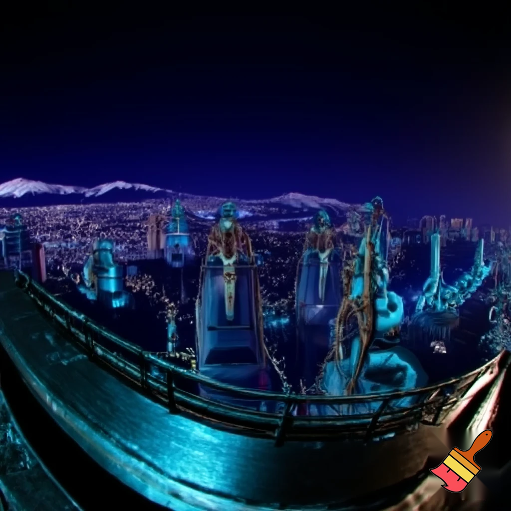 create a landscape background 



Style: anime teaser, a mix of cyberpunk, steampunk and ethno motifs (PUNKVERSE)



Palette: deep cool neon blues/purples + warm brass-copper range for steampunk elements + white-snow accents in the background.



Description: Almaty at night, view from the roof (transition from Scene 7), but now without characters. An empty landscape.



Action: Focus on the city.



Visual: A scene on the roof / generalized observation deck of the city.