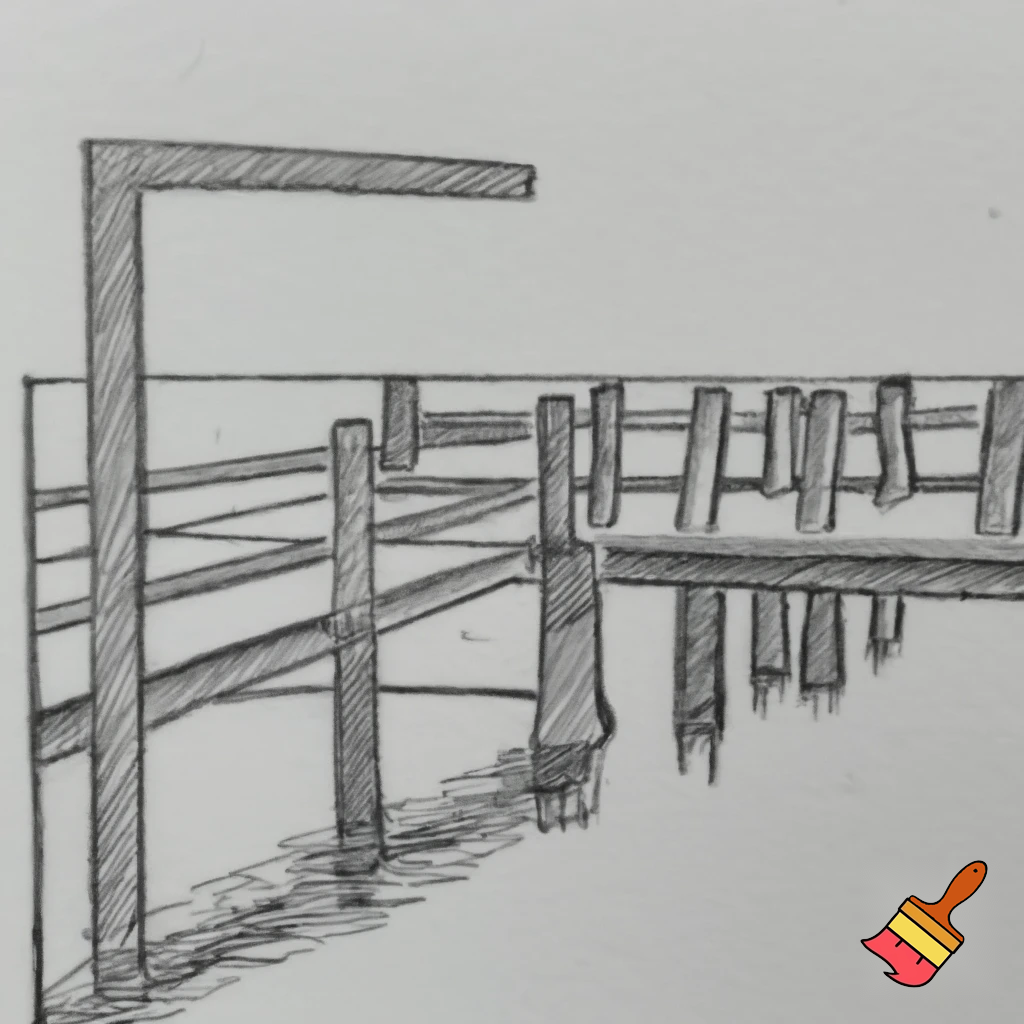 A construction sketch of a dock with 18 pilings and a T shaped end with two benches over a small pond