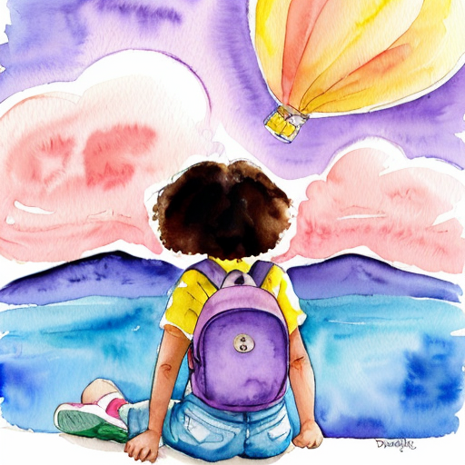 Little Dora purple backpack pink t-shirt orange short pants yellow socks white sneakers on a sitting big cloud in the sky from Dora the Explorer. migration