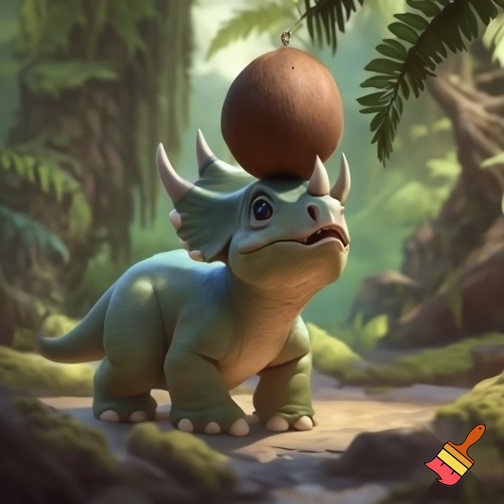 Draw a cute baby triceratops in the wild with a coconut nut on his nose horn 