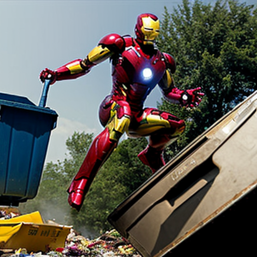 iron man bajando volando a un parque lleno  de basura con una escoba y un basureron en modo animado