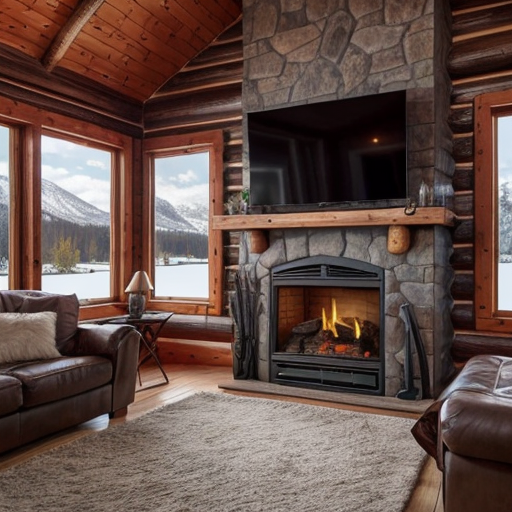 Photo in portrait mode of a warm fireplace burning in a cozy log cabin with a view of snowcap mountain overlooking a clear as crystal lake