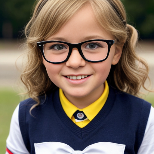 Cute adorable niña Chilindrina glasses con hair lazo curly Blonde con sailor uniforme escolar con zapatos negros escolar con calcetines blancos con Estados Unidos América bandera con desfile con ciudad 3