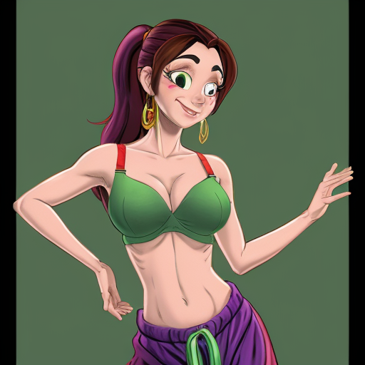 90's disney's 2d aladdin style comic dark black background and panels of 
panel 1 purple haired Ponytail shantae with red harem pants and red bra and red curved slippers with both hand palms place together and hiding the bottom of her mouth with a red veil wrapped around her arms and shoulders. 
panel 2 she danced with red harem pants with red bra and red curved slippers and red veil wrapped around her arms and shoulders and raising legs and bounced up and down her belly and shook her hips left and right. 
panel 3 as Shantae with red harem pants and red bra and curved red slippers spreading her arms, happily revealing her face to the viewer and giving a smile as she turns around shook her butt left and right. Panel 4 as purple haired Ponytail shantae with red harem pants and red bra and red curved slippers started to fading away , except her belly, which is bouncing around. 
Panel 5 then the ball transforms into the fading in belly of green haired Ponytail shantae with light green skin and green harem pants and green bra and green curved slippers and green veil wrapped around her arms and shoulders with her swaying her hips. 
Panel 6 green haired Ponytail shantae with light green skin and purple harem pants and green bra and green curved slippers and green veil wrapped around her arms and shoulders and with her hand palms place together between her chest and she gives a smile and winking her left eye. 