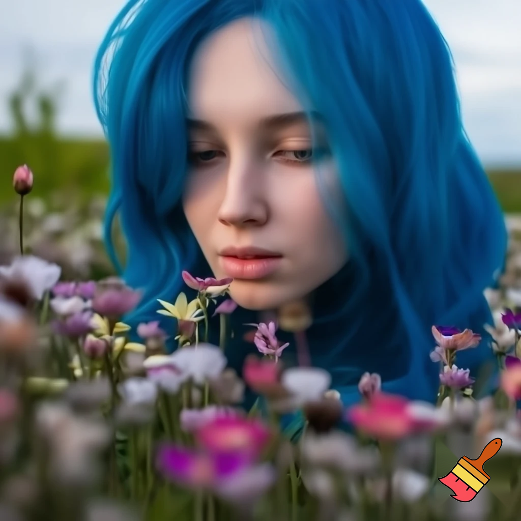 a girl in flowers with blue hair