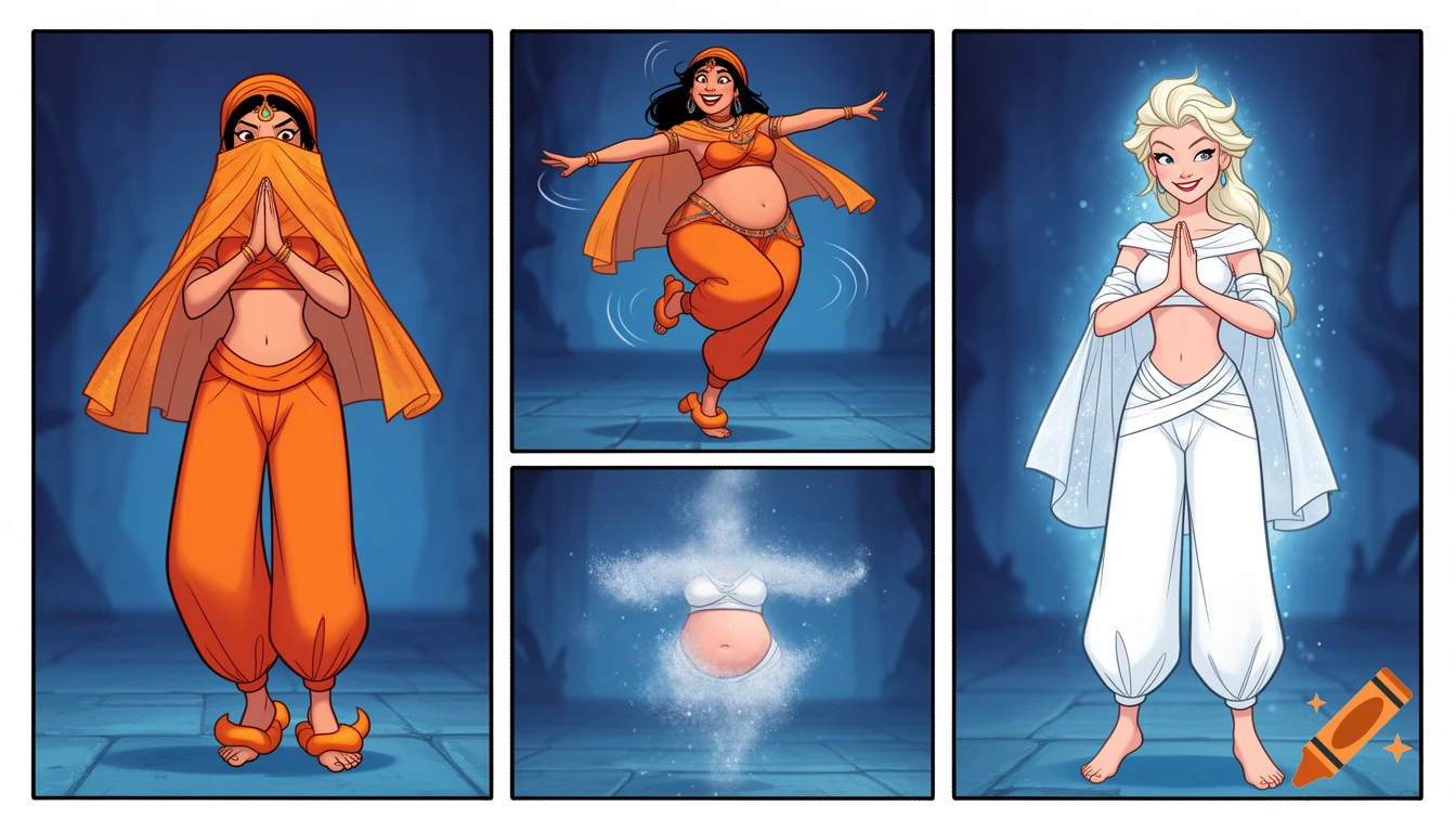 90's disney's 2d aladdin style comic dark blue background and panels of panel 1 raya barefoot with orange harem pants and orange bra and orange curved slippers with both hand palms place together and hiding the bottom of her mouth with a orange veil wrapped around her arms and attached to her head. 
panel 2 she danced with orange harem pants with orange bra and orange curved slippers with a orange veil wrapped around her arms and shoulders and raising legs and bounced up and down her belly and shook her hips left and right. 
panel 3 as raya with orange harem pants and orange bra and orange curved slippers spreading her arms, happily revealing her face to the viewer and giving a smile as she turns around shook her butt left and right. 
Panel 4 raya with orange harem pants and orange bra and orange curved slippers started to fading away , except her belly, which is bouncing around. 
Panel 5 then the ball transforms into the fading in belly of elsa barefoot with white harem pants and white bra and white veil wrapped around her arms and shoulders with her swaying her hips. 
Panel 6 elsa barefoot with white harem pants, white bra and white veil wrapped around her arms and shoulders and with her hand palms place together between her chest and she gives a smile and winking her left eye.  