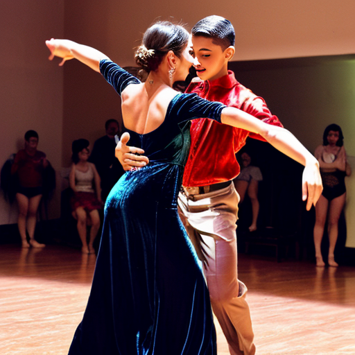 Mom dancing with group of boys a latin dance.she is wearing velvet leg slit dress.red rose on her hair.