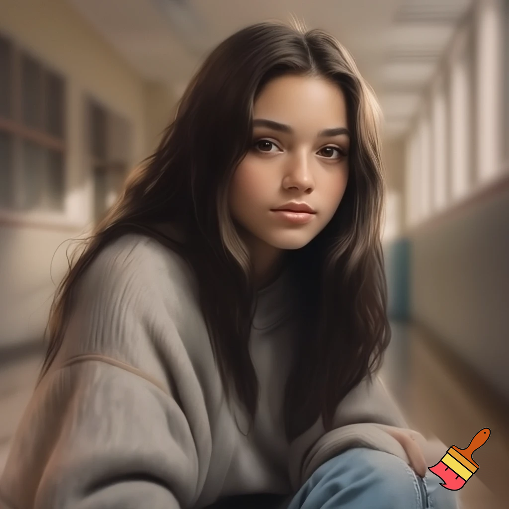 A teenage girl with medium height, long straight dark brown hair, big brown observant eyes, light skin, wearing an oversized sweater and jeans. Calm expression, analytical vibe, soft lighting, school hallway background.”

