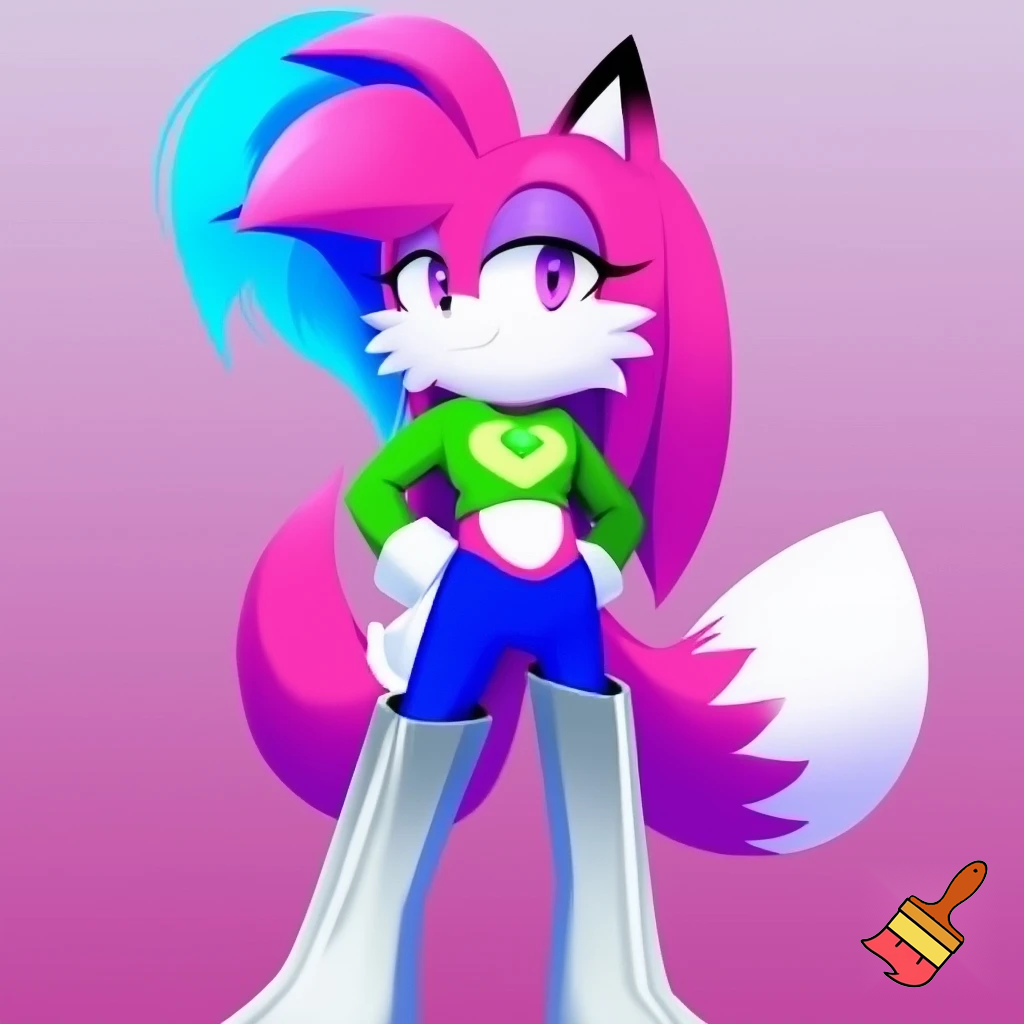 Pink fox sonic oc female with purple eyes, blue at end of swept hair on left side in front and long straight hair in back, black tipped ears, green cropped shirt with long sleeves and light yellow heart in the middle of shirt with an even smaller green heart in the middle of that light yellow heart, blue pants and long white and gray-blue gradient boots. sonic styled fox. no eyeshadow. white fluffy cheeks and stomach.