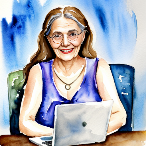 female wizard, laptop, monocle, compass, smiling, old

