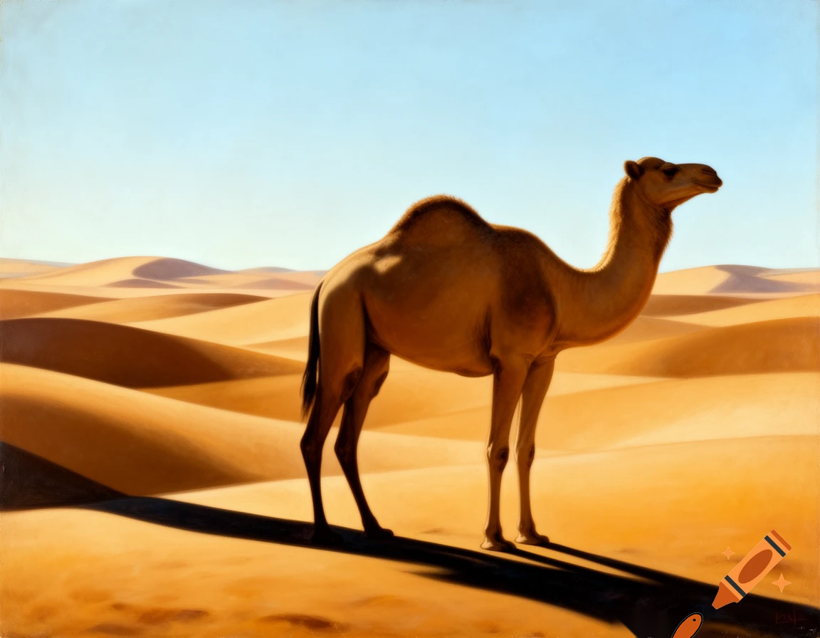 Minimalist, retro oil, painting, simple colors, a painting of a camel in the desert that is sort of a surrealism impression of a camel as its body blends into the hills of the desert, lots of shadows, light blue sky background