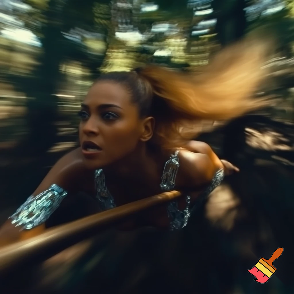 Beyonce with honey blonde slick ponytail runnning blurry photo with a diamond bodysuit chasing with a stick angry trough the woods close up of her face