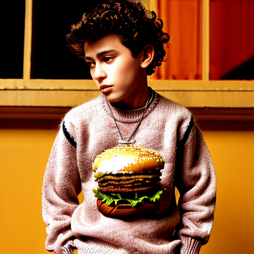 Barna tüskés kissé elvis kunkoros hajú minimálisan kövér fiú sárga tádzsik juh gyapjú puloverben nyak nélküli összeérnek szemei de van elválasztó hamburgert eszik és 2D-s legyen NE LEGYEN REÁLIS CSAK 2D A FIU VIDÁM LEGYEN 10-12 ÉVES ÉS NE LEGYEN KÖZE MÁS DOLGOKHOZ de ember fiu legyen csak a pulóvere gyapjú
