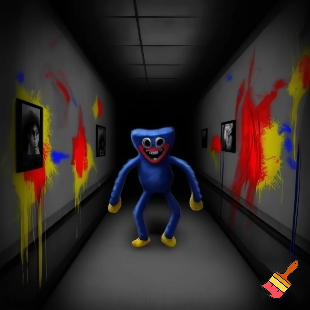 huggy wuggy in a dark gray hallway with some pictures painted in red, yellow, and blue. The feel is creepy and it feels off.