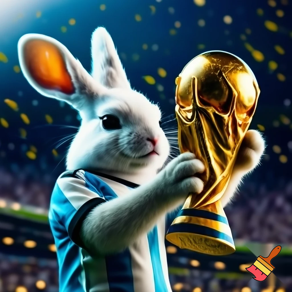White bunny in an Argentina shirt holding the world cup