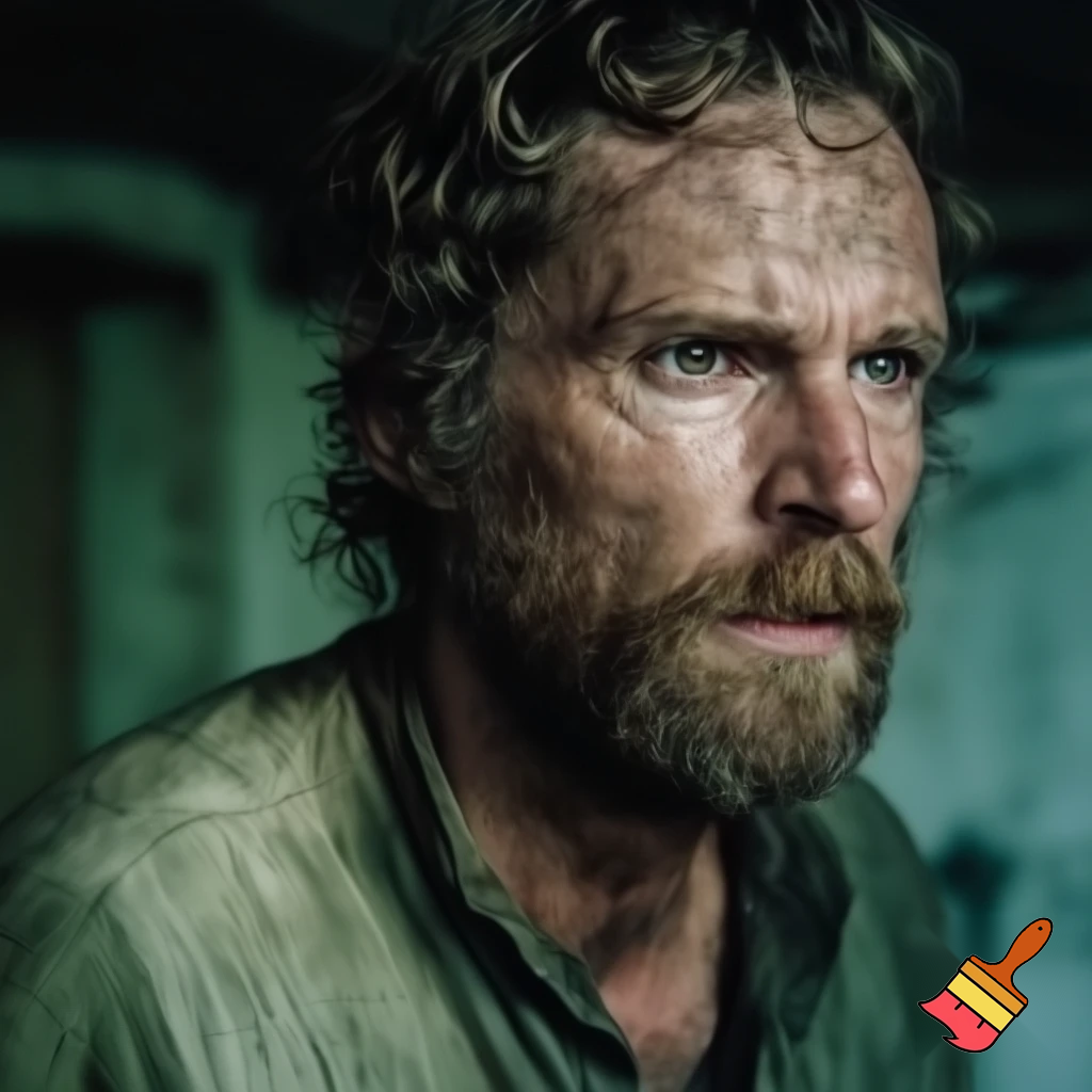 Generate an image on the character John Proctor who has brown hair and a brown beard, wearing farm clothes. He is angry but also guiltful in the year 1692.