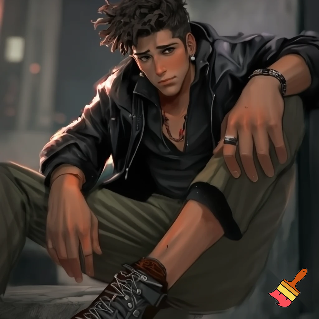 Generate an image of a tall, scrawny man with radiant, polished wood-toned skin. He has curly black coffee hair, styled slightly messy, and sharp, masculine features. His expression is gentle and thoughtful, hinting at inner turmoil.

He wears a black leather windbreaker over a slightly unbuttoned black cotton dress shirt, tailored pleated chinos, and lace-up combat boots. Accessories include silver stud earrings, a silver ring with a red dragon's eye, a black ring with rose gold star shapes, an onyx and lava rock necklace, and a studded bracelet. His shirt sleeves are rolled up, displaying vascular forearms. Set him against an urban backdrop.
