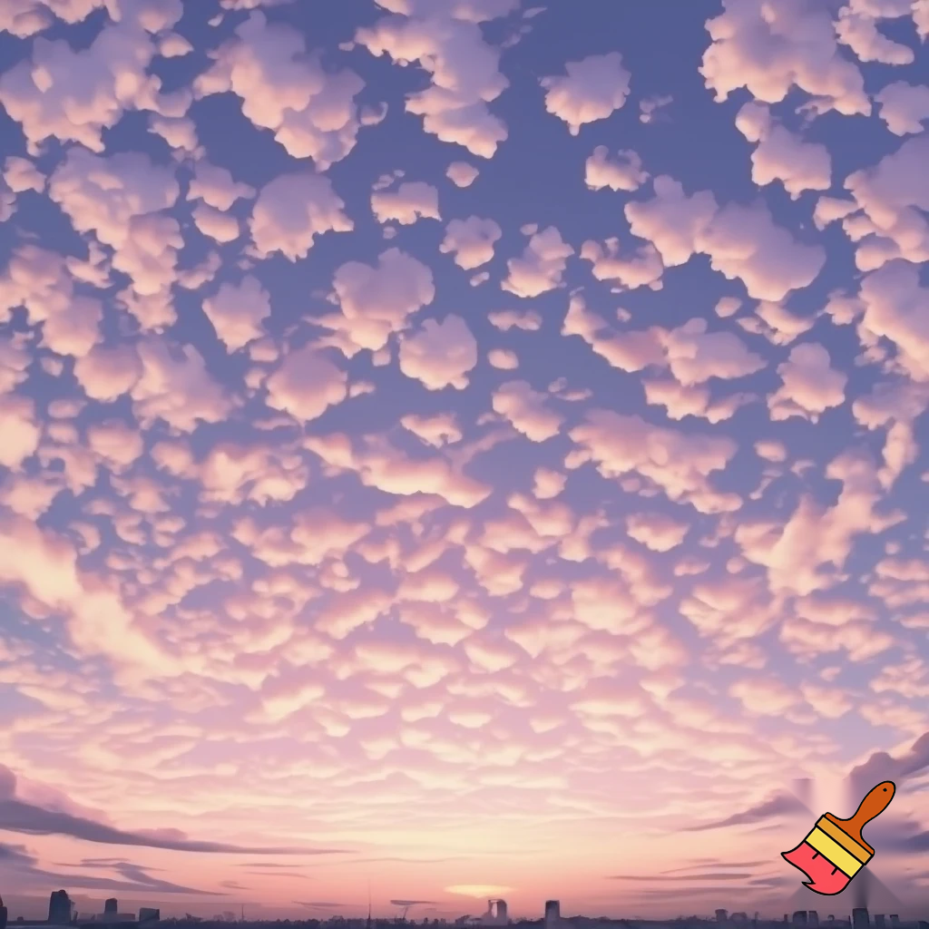 small fluffy clouds in the Tokyo Ghoul anime style, scattered across the sky, view from afar, lots of clouds, soft pastel colors, sunset sky, high quality, 4K, detailed, 360 degree panorama, 8K quality