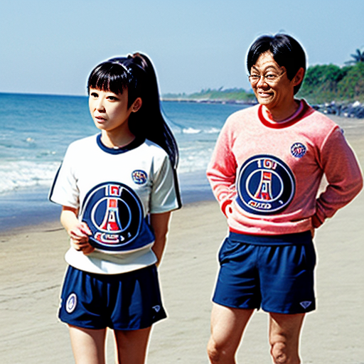 detective conan conan avec un mayo et un short du PSG a la plage