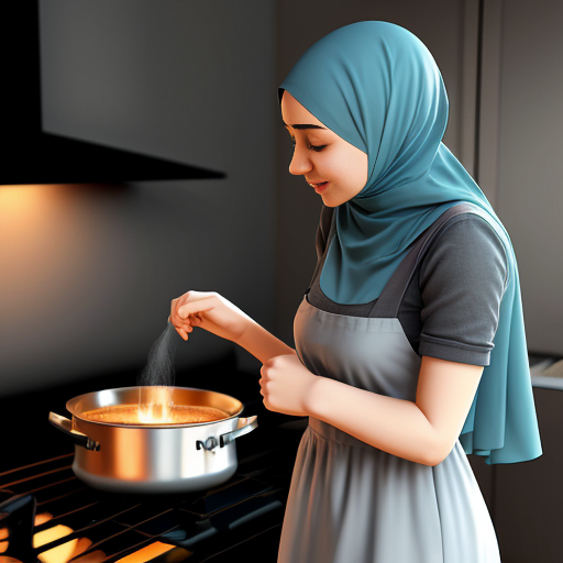 Pixar-style cartoon, Muslim woman 35-40, fully covered wide light blue dress, headscarf covering hair, modest, standing at stove cooking, gray background, no sexualized features, simple cartoon style