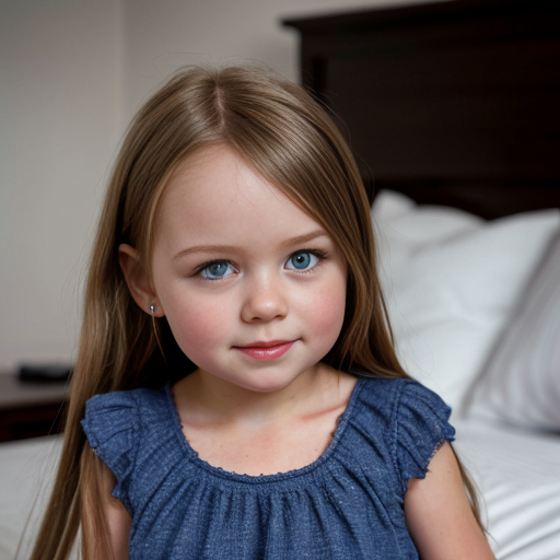 swedish little girl, long brunette hair, night dress, on the bedroom, close up