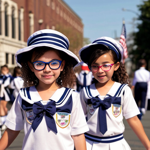 Cute adorable niña Chilindrina glasses con hair lazo curly con verano sailor uniforme escolar con zapatos negros escolar con calcetines blancos con sombrero sailor con grupal con caminar con desfile Estados Unidos América bandera con ciudad 19