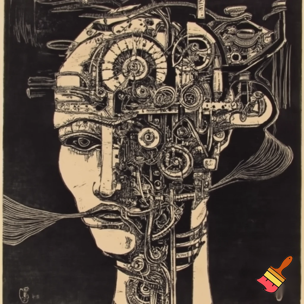 Bio-mechanical post-human noise art. In the style of a 1920's German Expressionist woodcut print. Black & white.