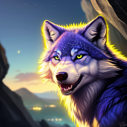 create an image of a blue wolf with glowing fur, glowing red eyes ,gleaming fangs and a crocidile face . It is on a rocky cliff