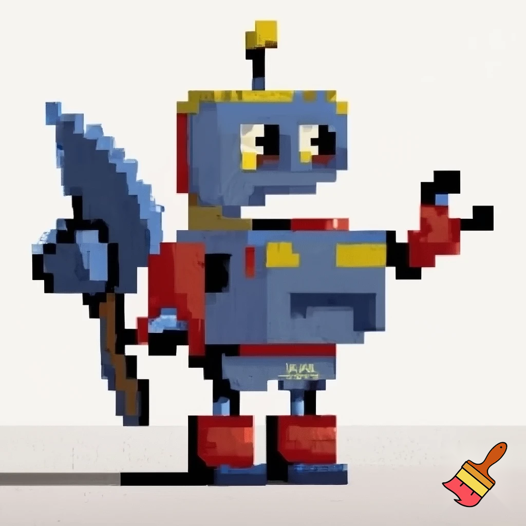 Make a robot enemy that could dig and throw there pickaxe at you huminoid robot shape make it look kid friendly. Pixel art no background