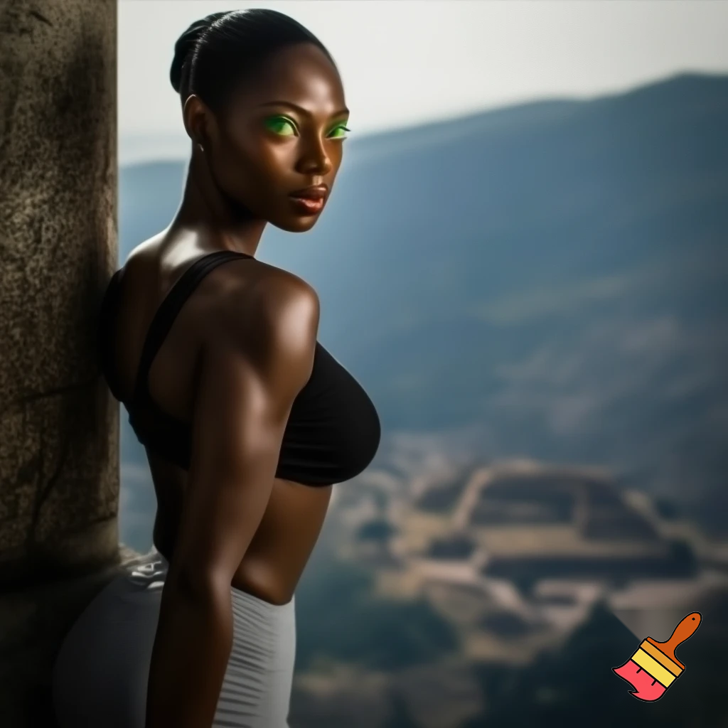 Hyper realistic portrait in natural light, subject is a 27's red woman with green eyes , statuesque physique with a large but well-weighted breast, a black top, gray miniskirt and a sculpted ass, full-length person from head to toe, on a railing overlooking a mountain valley with ancient ruins, illuminated by soft diffused light from the side; extremely detailed skin texture with visible pores and micro contrast; neutral and faithful color rendering; shallow depth of field with smooth, creamy bokeh; 85mm f/1.4 lens; strong sense of physical presence and three dimensionality; realistic colors with no excessive saturation; advanced sharpness on eyes and facial features; medium format style photographic quality, professional studio feel, authentic and unposed atmosphere, hair tied back, bokeh, she's looking the horizon and leaning against a column.
