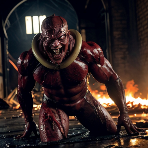 A 9 :16 aspect ratio pic of a cavernous, rusted slaughterhouse bathed in the flickering glow of broken overhead lights, their sparks raining down like dying fireflies. Dominating the scene is Satan himself—not some cartoonish demon, but a towering, twisted colossus of sinew and exposed muscle, his flesh split in jagged seams where extra limbs and eyes bulge grotesquely from his form. His jaw unhinges like a serpent’s, strings of saliva and half-chewed meat dangling as he laughs, the sound vibrating through puddles of gore. Around him, hazmat-suited figures move like panicked insects, their suits slick with viscera, desperately trying to contain something they clearly cannot. The floor is a mosaic of carnage—shattered bones, gnawed torsos, and unrecognizable meat piles, some still twitching. In the shadows, pale figures with too many teeth crouch over fresh kills, their feast lit by the emergency exit sign’s bloody glow. The air is thick with the metallic stench of butchery and the wet, tearing sounds of things still being eaten alive