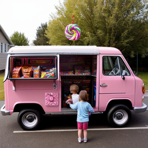 a free candy van with little kids hanging outside of it 