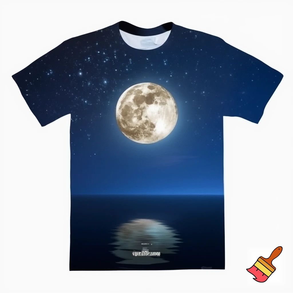 Generate a very beautiful tshirt design based out of full moon, make it very aesthetic and attractive you may also add beautiful stars around, be creative you may add a very beautiful blue lake or river with reflection or anything just make it very eye catchy with great colours Also add the text "CHAUDHVIN KI RAAT" with it with a very attractive font and text. and below that maybe in small font add this text- Tonight the moon sighted bright Some beauty lives in borrowed light.

the stars must appear natural dont animate them they should appear like real And make sure image in night time and the poetry should be mandatorily be at the bottom last. Make it more inclined to people who like to stay normal and humble dont animate anything make sure everything seems to appear like real and yes add a lone guy in the design who is again wearing the exact tshirt design you are about to create now

i like your images but they seem like very animated and unreal make them appear like they are captured by an actual camera and make it aesthetic in that way, it is very important they should appear like they are actually captured in real and are not animated please keep it like a real moon and real sky please dont animate