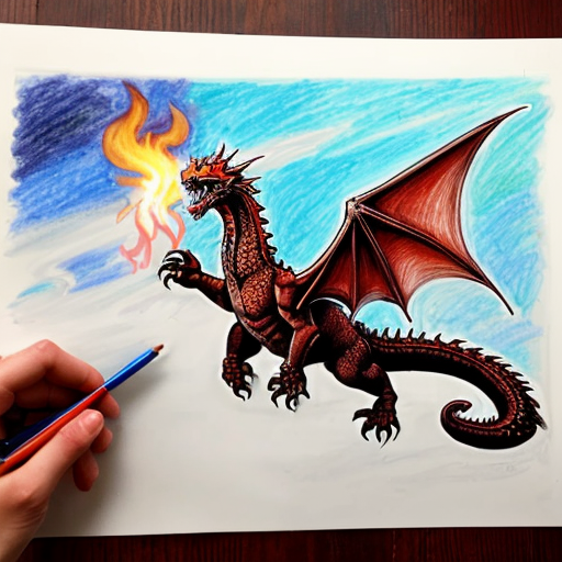 Draw me a mythological dragon flying through the sky above a village, breathing fire on the houses
