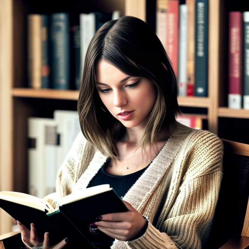 Generate an image of taylor swift reading a book in a cosy armchair in a small reading area with panelled wood bookshelves behind her. She is wearing the a cardigan and her hair is messy.