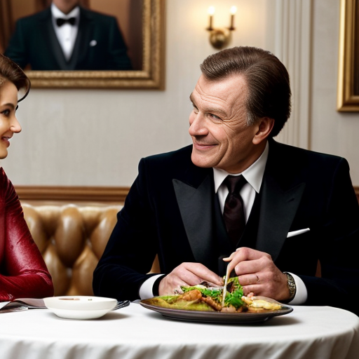 From a comedy film from the 1970s: In a luxury restaurant: An elegant couple is sitting at a table eating dinner. An elegantly dressed, very elderly and stocky waiter stands next to the table and addresses the couple. Elegant ambience, subdued lighting, comical atmosphere.