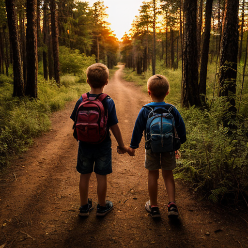Two kids one girl one boy back to back in a forest sunset adventure 