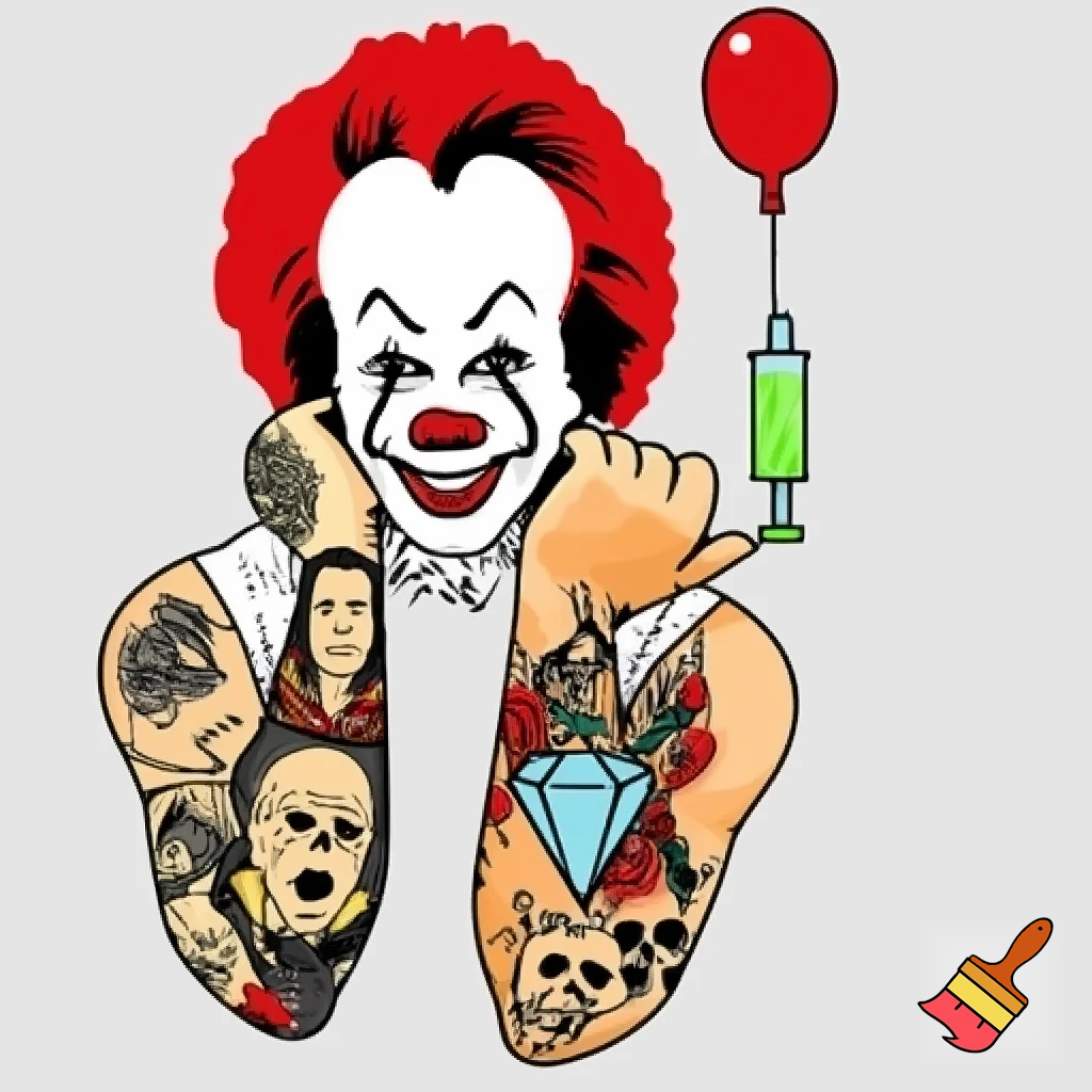 2D vector of Pennywise the clown dressed as Ronald McDonald. He has big red hair with a receding hairline. His smile should be a normal clown smile with a red nose. He is wearing a sleeveless top showing full arm sleeves of colourful traditional art tattoo's that include a pug, the Santa Cruz screaming hand, an axe, a caricature portrait of Kanye, barbed wire, skulls, a light blue diamond and a syringe with green fluid. Full length pose and holding a red balloon.