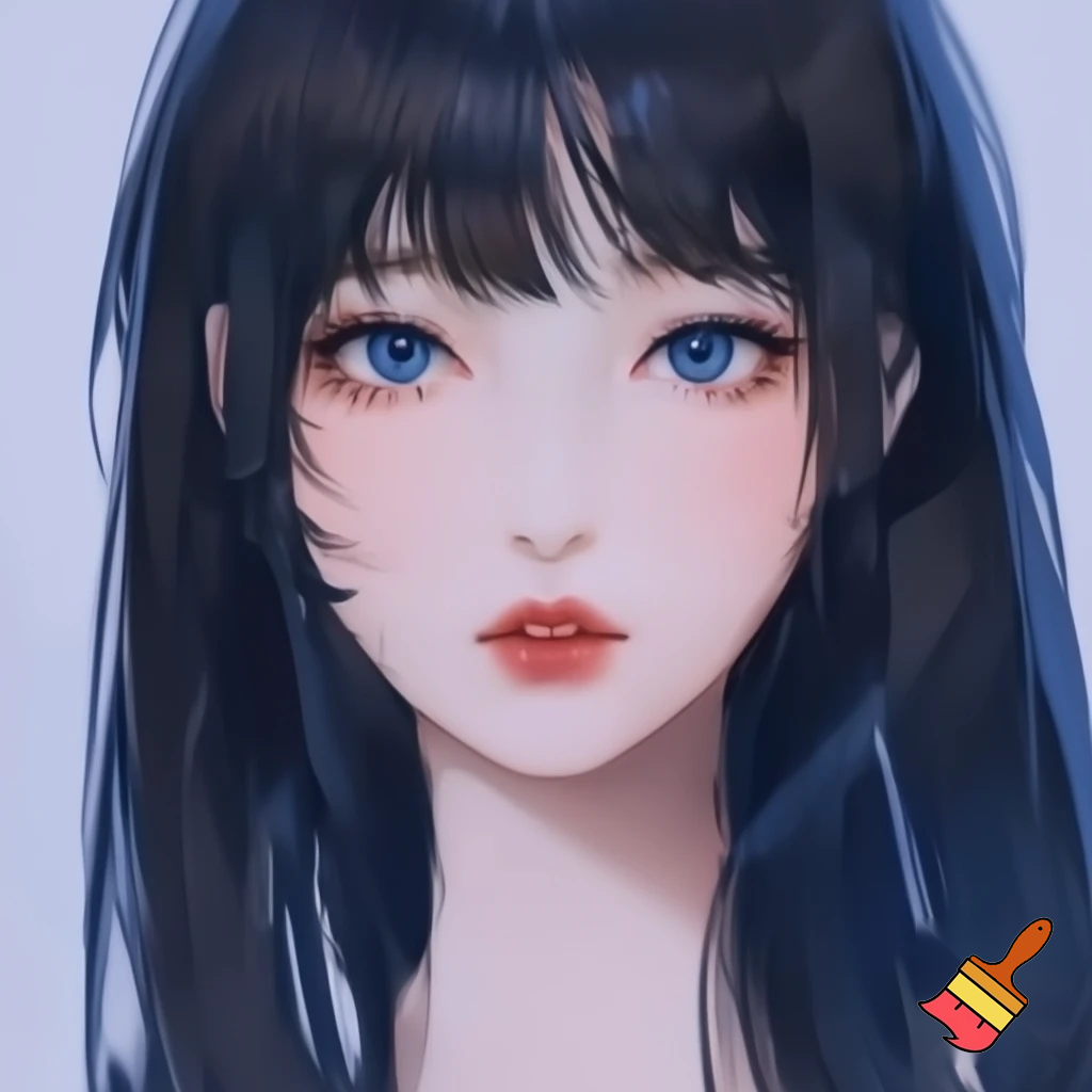Female lead manhwa long black straight hair , ocean blue eyes, white skin ,red lips no lighting and no make up less realistic 
